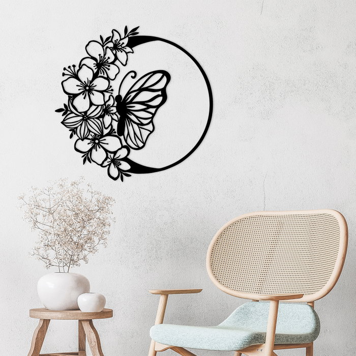 Wallity Butterfly And Flower Escultura de pared de metal negra